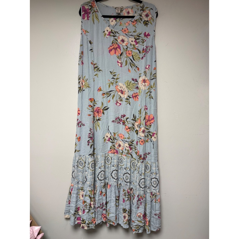 Lola P. Light Blue Floral Maxi Dress Ruffle Hem Boho Casual Size‎ S